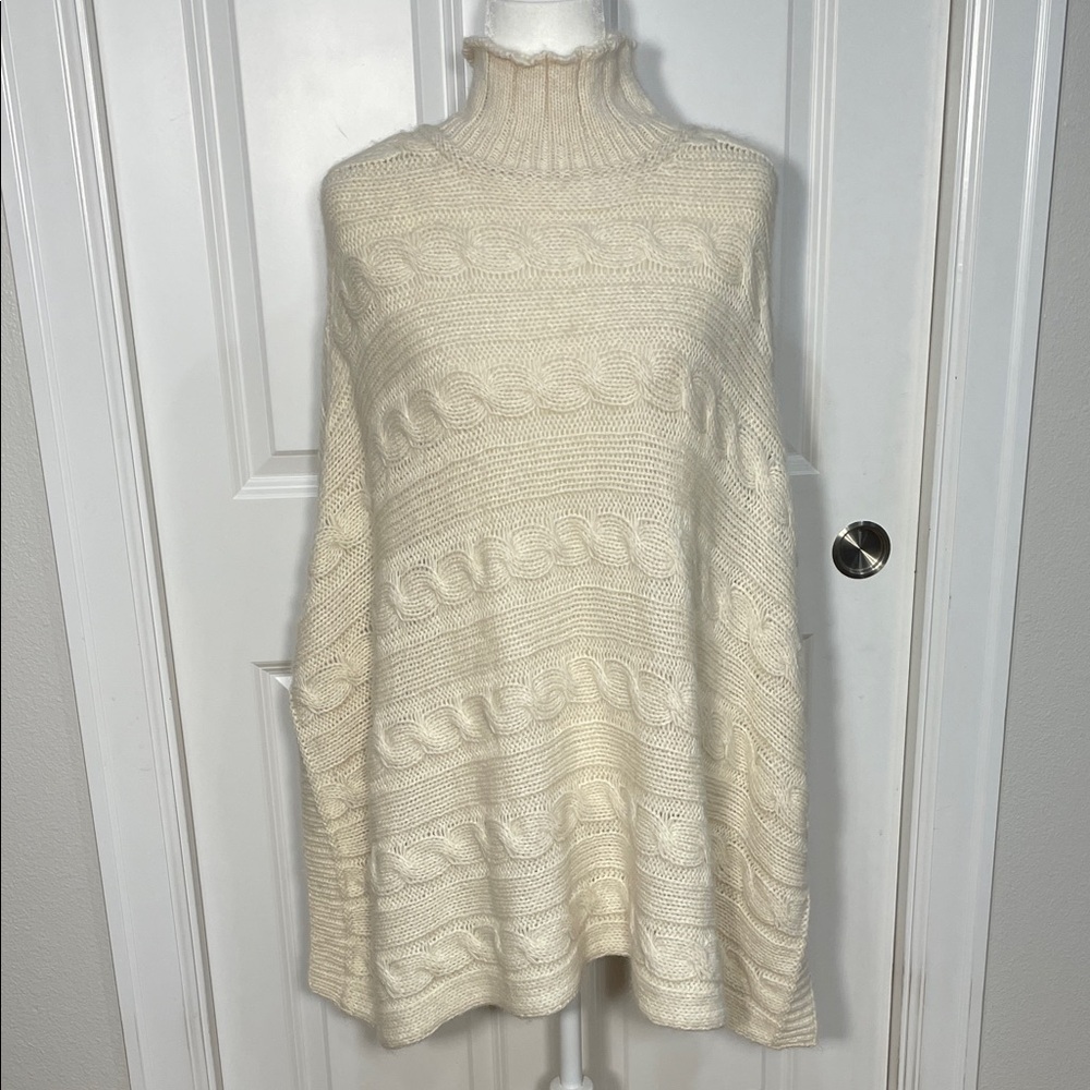 Simply Natural Baby Alpaca Poncho Cable Knit Chunky High Mock Neck Beige Cream